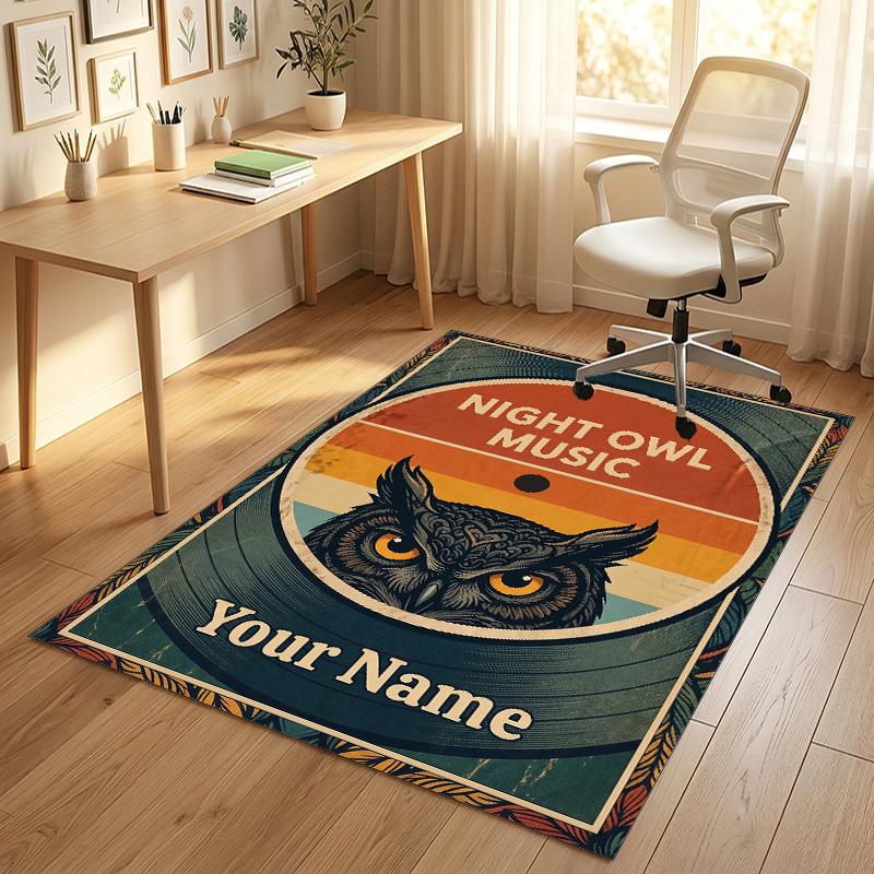 Night Owl Art Theme Soft Crystal Velvet Rug Custom Name & Text Print Non Slip Floor Rug for Bedroom Living Room