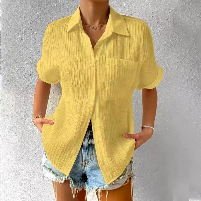 Summer Women's Casual Shirt Solid Color Lapel Button Short Sleeve Tunic Shirt Business Casual Work Shirt Office Femininity Top