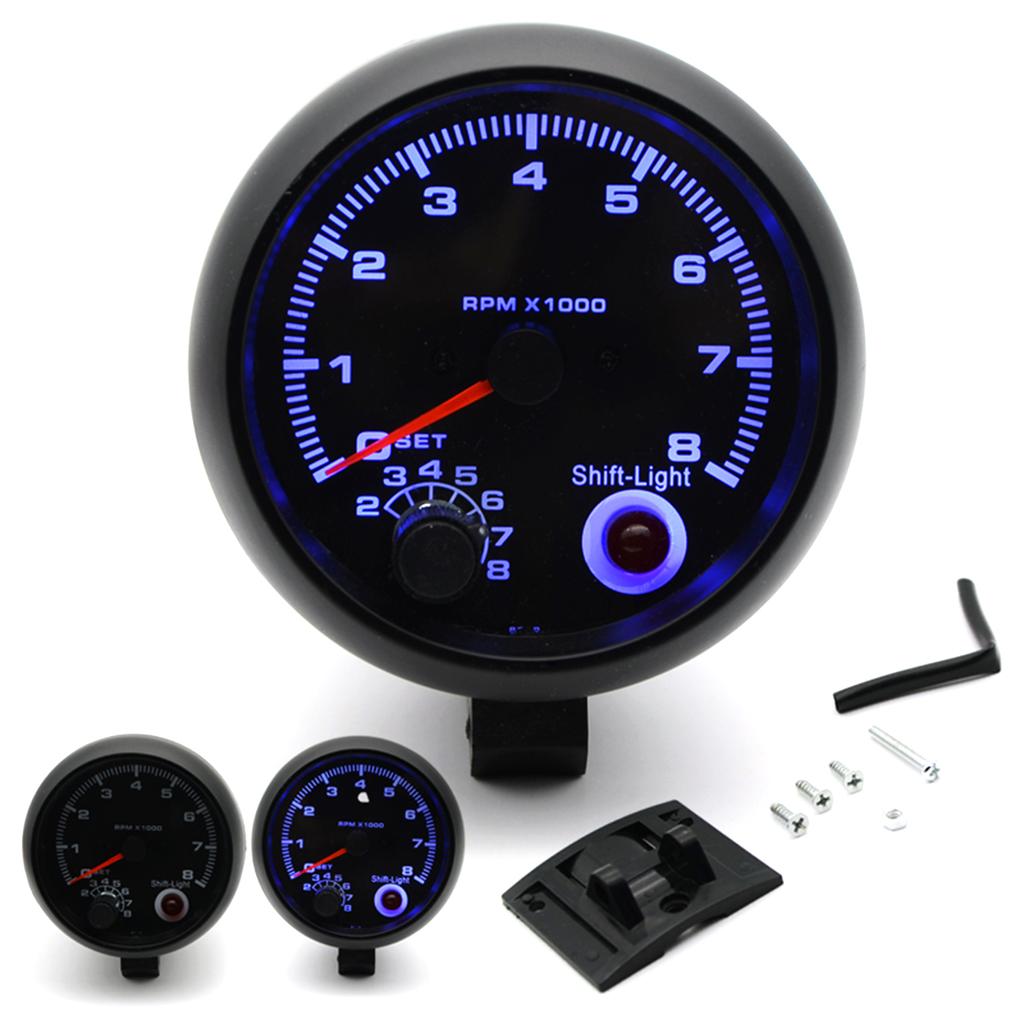 3.75"" Car Universal Black Tachometer Gauge Blue Inter Shift Light 0-8000 RPM