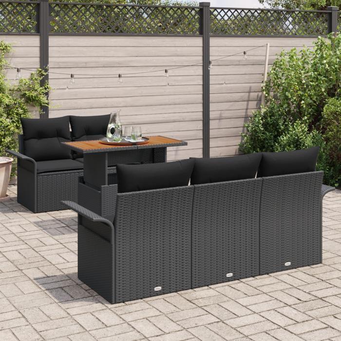 VidaXL Ensemble de Canapés de Jardin de 6 Pièces avec Coussins Noir Poly Rattan Acacia 3349274
