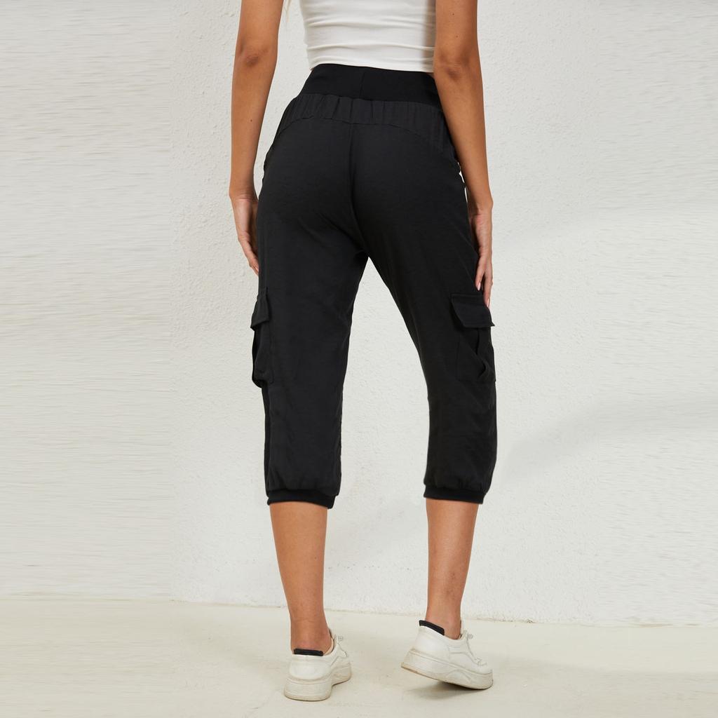 Женские брюки 3/4 с эластичной резинкой на талии и карманами, повседневные свободные однотонные брюки для йоги из хлопка и льна