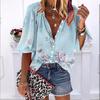 2023 Summer Autumn New Fashion Women's Tops Pearl Flowers Printed Half Sleeve Casual Plus Size Button-down Shirt with Bubble Sleeves