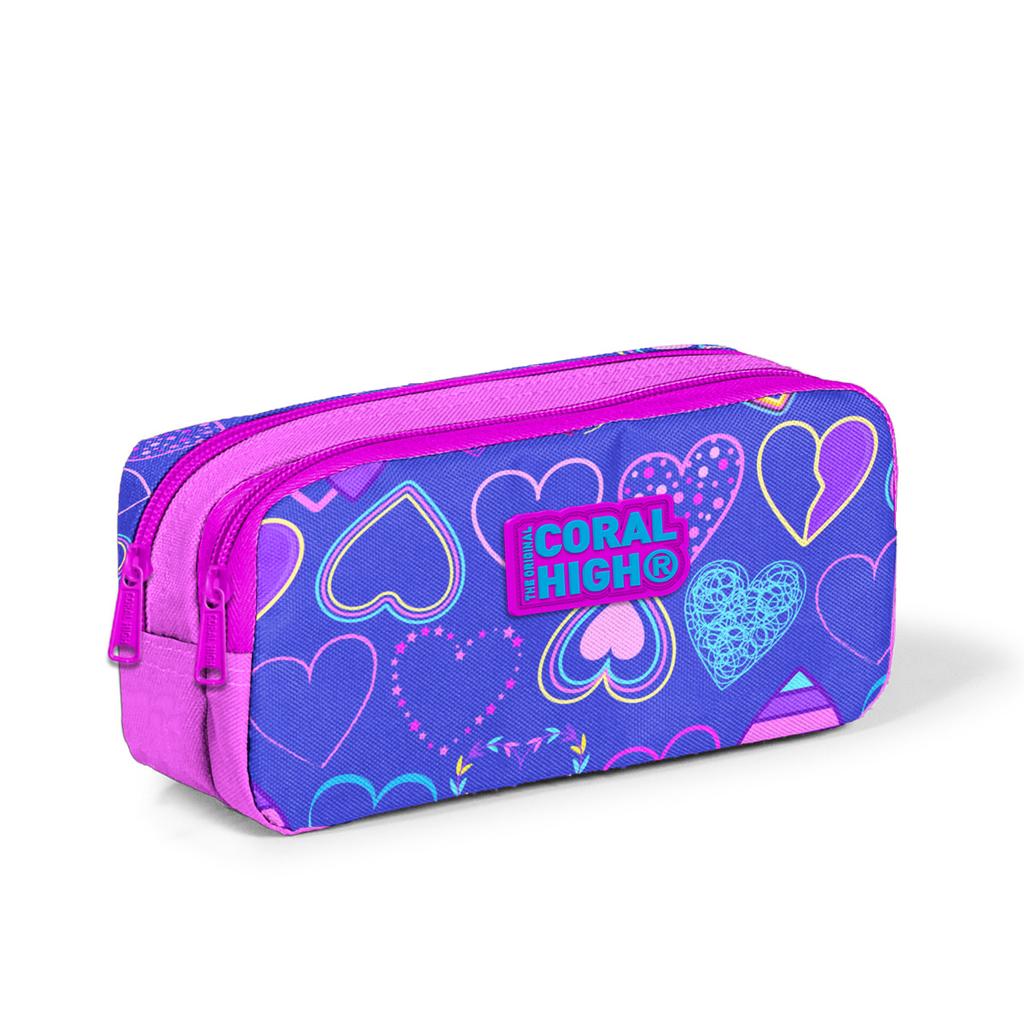 coral high Kids Light Pink Lavender Heart Patterned Two Compartment Pencil Bag 22280
