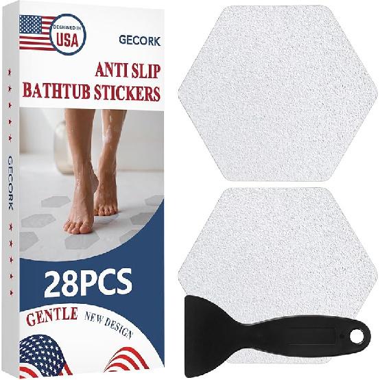 28 PCS Shower Floor Non Slip Stickers with Strong Adhesive, Invisible & Durable Anti Slip Shower Stickers with Scraper for Bath Tub, Pools and