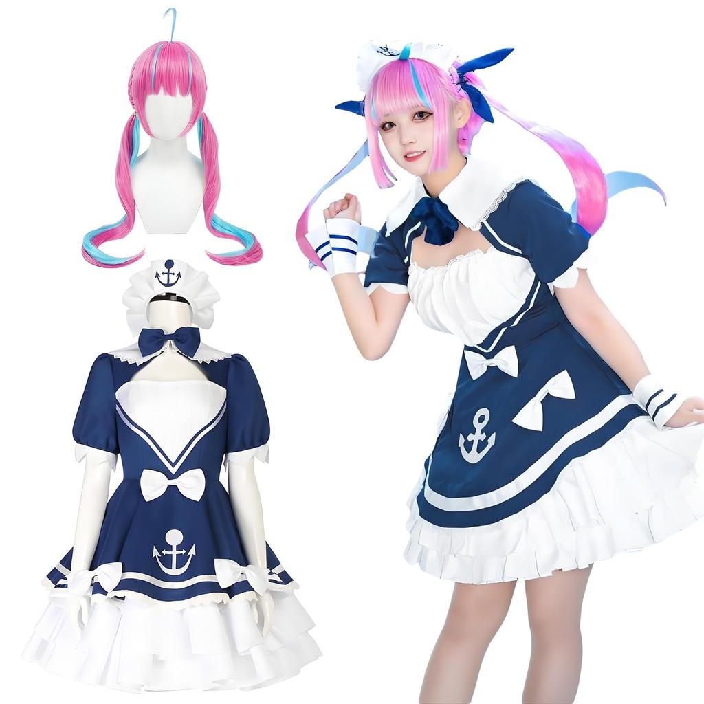Minato Aqua Cosplay Maid Outfit with VTuber Cosplay Costume for School Stage Wear Aqua Wig Size [Excellent Quality] Wig, Adults, Festival, Event,