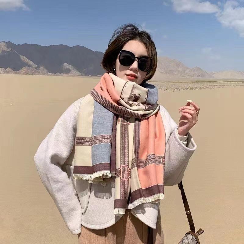 Korean Style Contrast Color Imitation Cashmere Plaid Scarf Women's New Winter Warm Fashion Chain Scarf Fleece-lined All-match Shawl