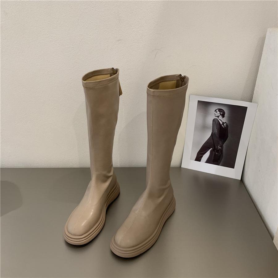 Круглый носок зимняя обувь до колена с высоким голенищем из кожи длинные элегантные туфли на низком каблуке для женщин женские сапоги белые по акции pu