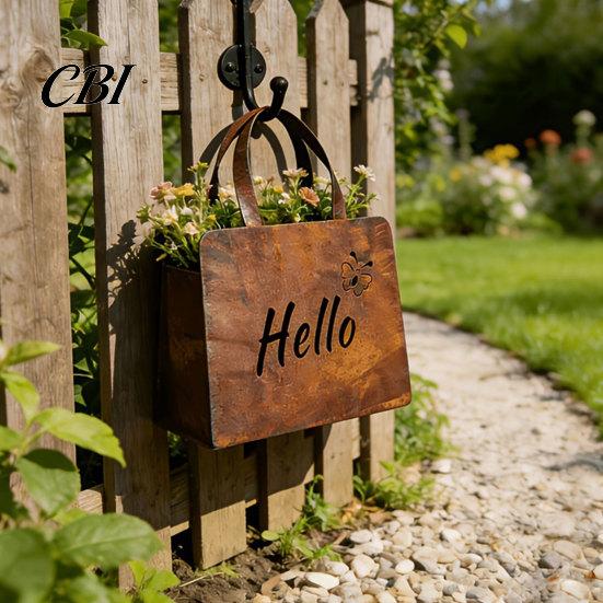 Purse-shaped Flower Pot Handbag Planter, Rustic Metal Purse Box with Curved Handle, Double-Sided Hello Mini Welcome Design Vintage Farmhouse