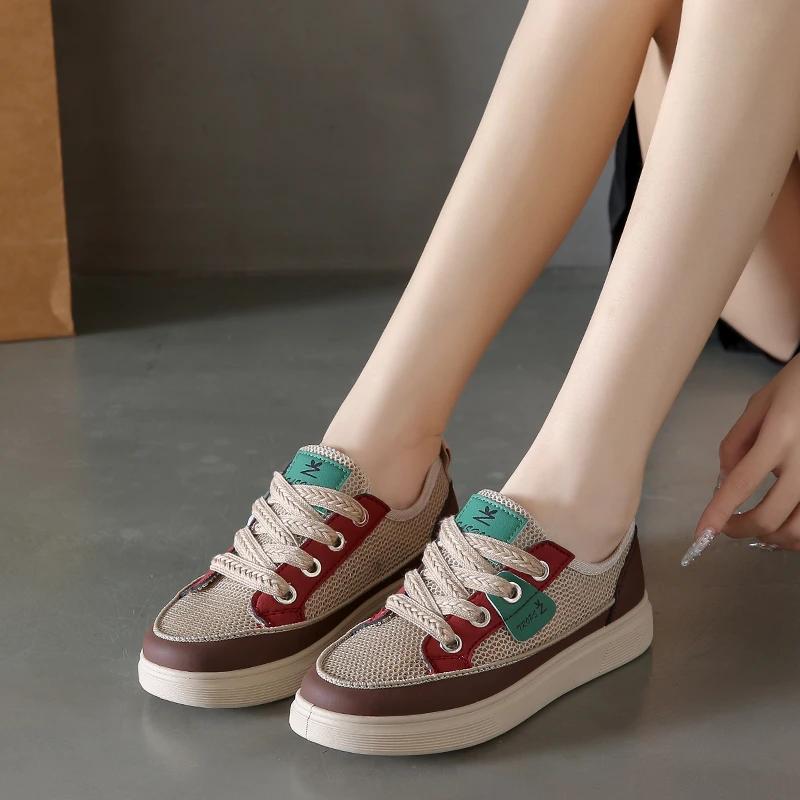 Модная женская обувь 2024 года, женская обувь из вулканизированной кожи на шнуровке, осенняя, разноцветная, дышащая, сетчатая, на платформе, повседневная, удобная, спортивная обувь