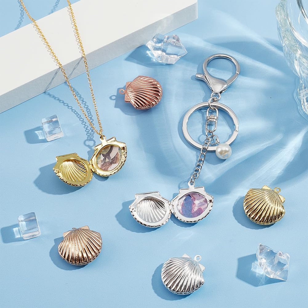 PH PandaHall 12pcs Shell Locket Charms 3 Colors Photo Frame Charm Memorial Collection Charm Brass Locket Charms Pendants for Summer DIY Necklace