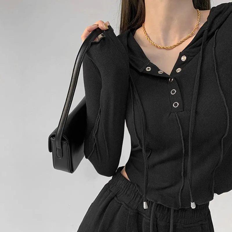 Тонкая толстовка с капюшоном Серый короткий топ с высокой талией Обнаженный пупок American Hottie Pure Desire Тонкая футболка со складками и длинными рукавами