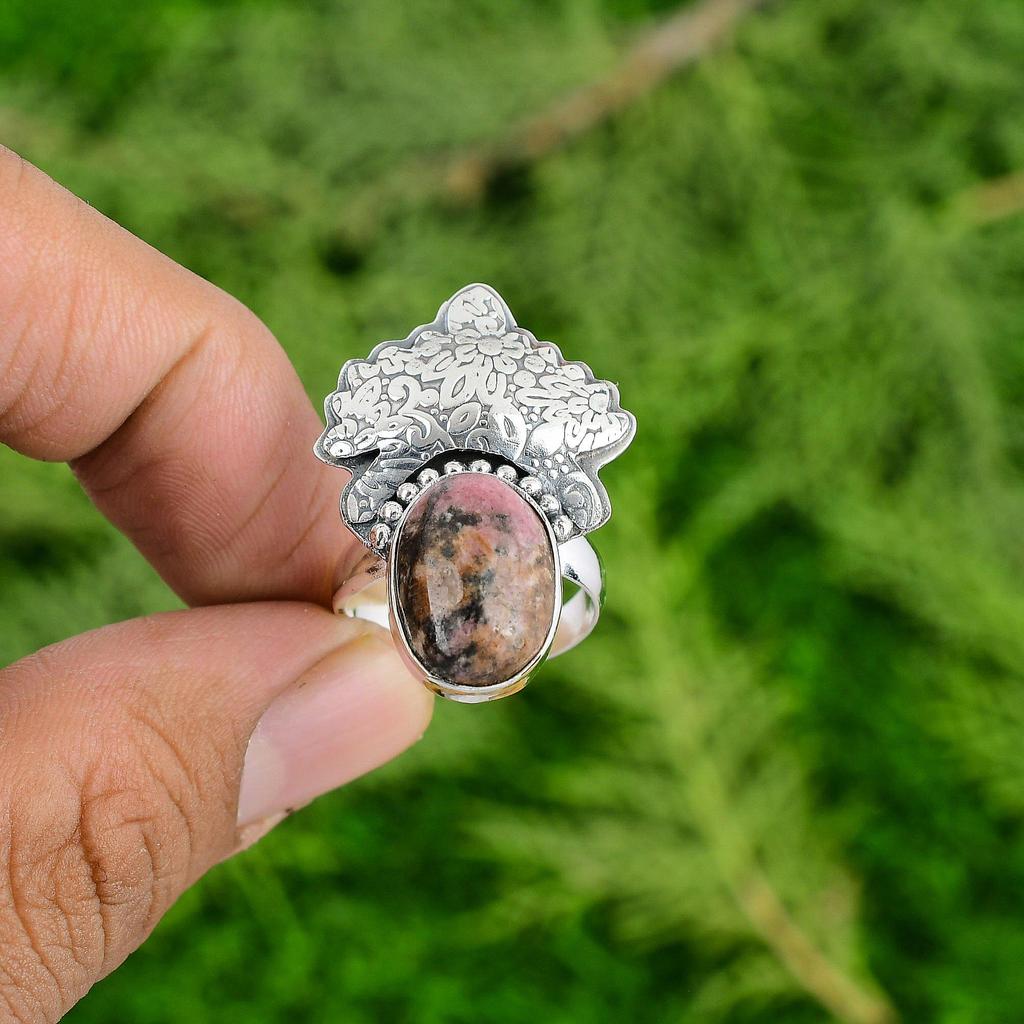 925 Sterling Silver Oval Rhodonite Stone Anniversary Statement Sister Boho Ring