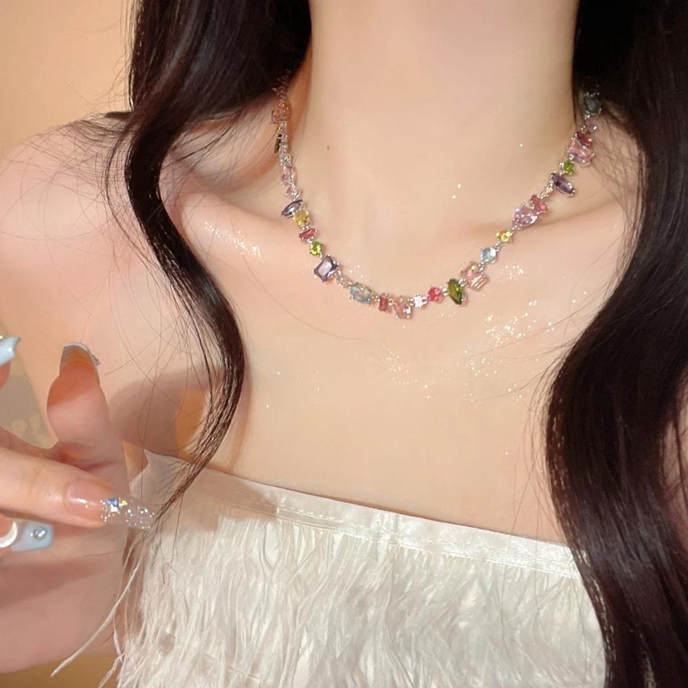 New Colorful Crystal Necklace Bracelet Chain for Women Elegant Clavicle Chain Irregular Zircon Necklace Party Jewelry Gift