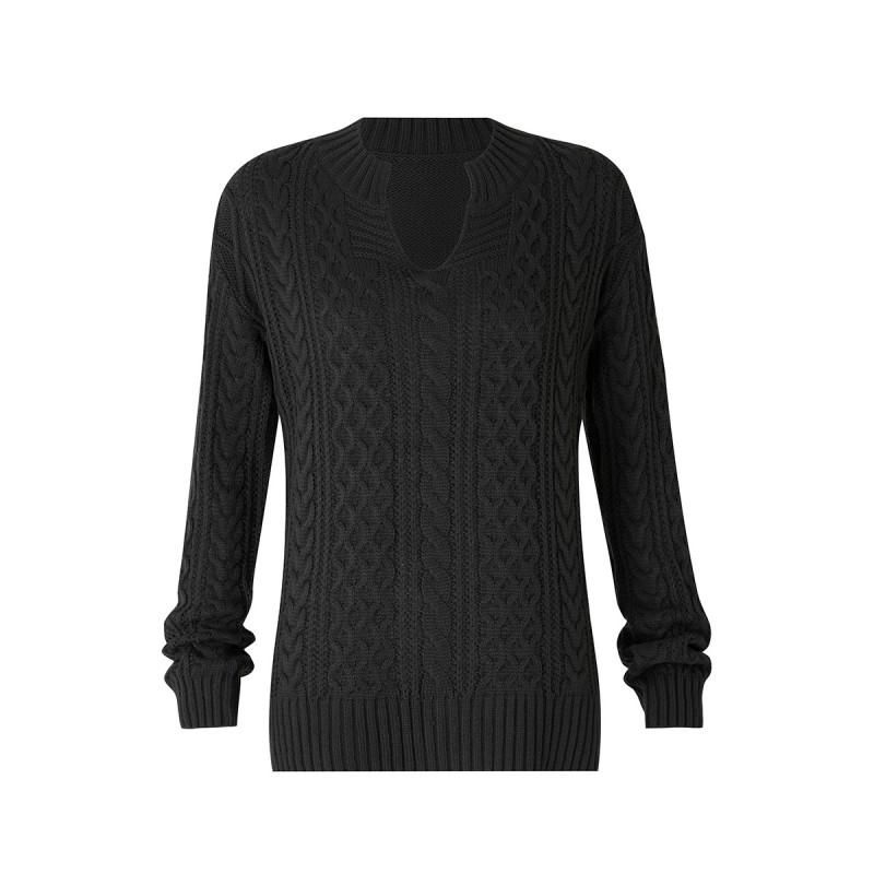 Womens V-Neck Knit Sweater With Cable Loose Fit Casual Pullover In Acrylic Winter