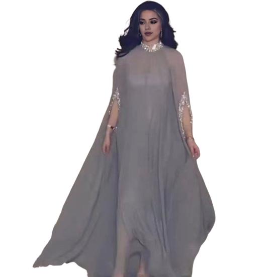Women Evening Dress Shiny Sequin Half High Collar Big Hem Thin See-through Mesh Bat Sleeves Solid Color Oversized Big Hem Party Prom Maxi Dress