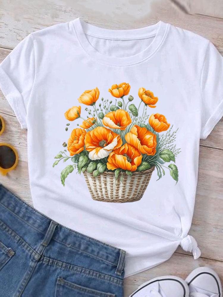 (Asian Size) Love Heart Flower Cute Casual O-neck Tee Clothing Top Short Sleeve T Shirt Fashion Print Lady Female Women Graphic T-shirts