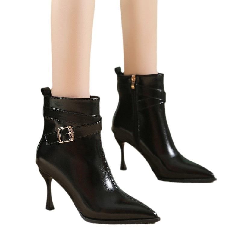 Ботильоны Мартин на тонком каблуке женские 2025 осень и зима черные короткие ботинки дизайнерские с пряжкой на ремне остроносые ботинки на высоком каблуке хаки ткань