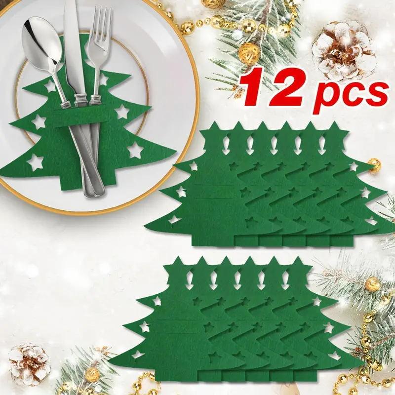 12pcs Christmas Tree-Shaped Felt Utensil Holders - Red & Green Holiday Table Decor with Star Accents, Durable Felt Cutlery
