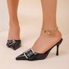 2025 Summer New Buckle Embellished High-heeled Muller Shoes Single Shoes Pointed Toe Toe Slippers Vacation Beach Cool Slippers