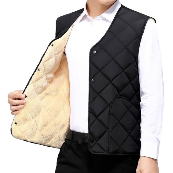 Men Vest Coat V-Neck Sleeveless Single Breasted Solid Color Waistcoat with Pockets Thickened Plush Lining Vest Jacket