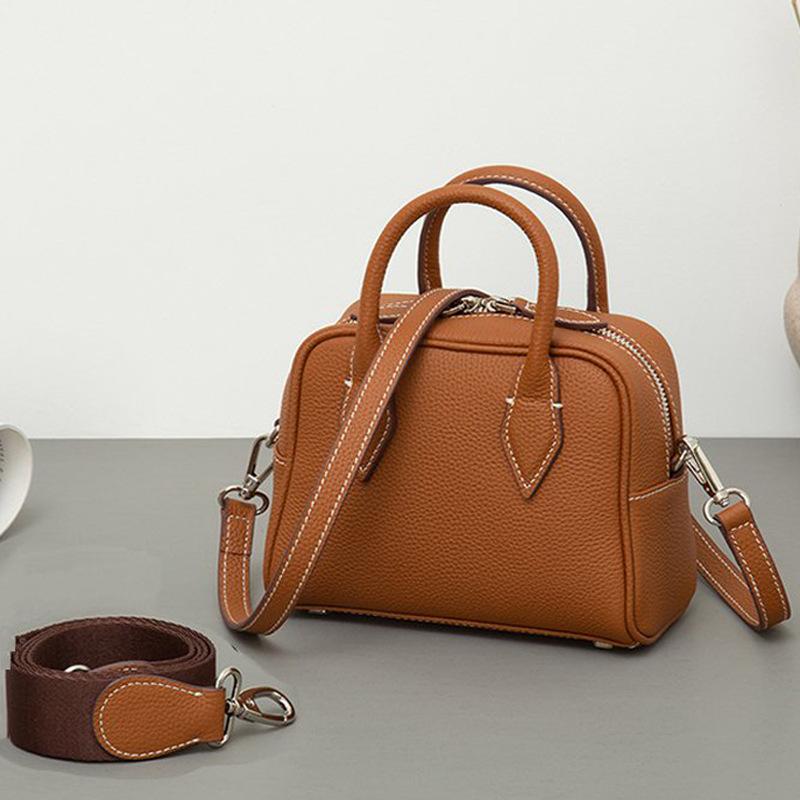 Niche First-Layer Cowhide Boston Pillow Bag Single Shoulder Crossbody Portable Leather Women's Bag Tide