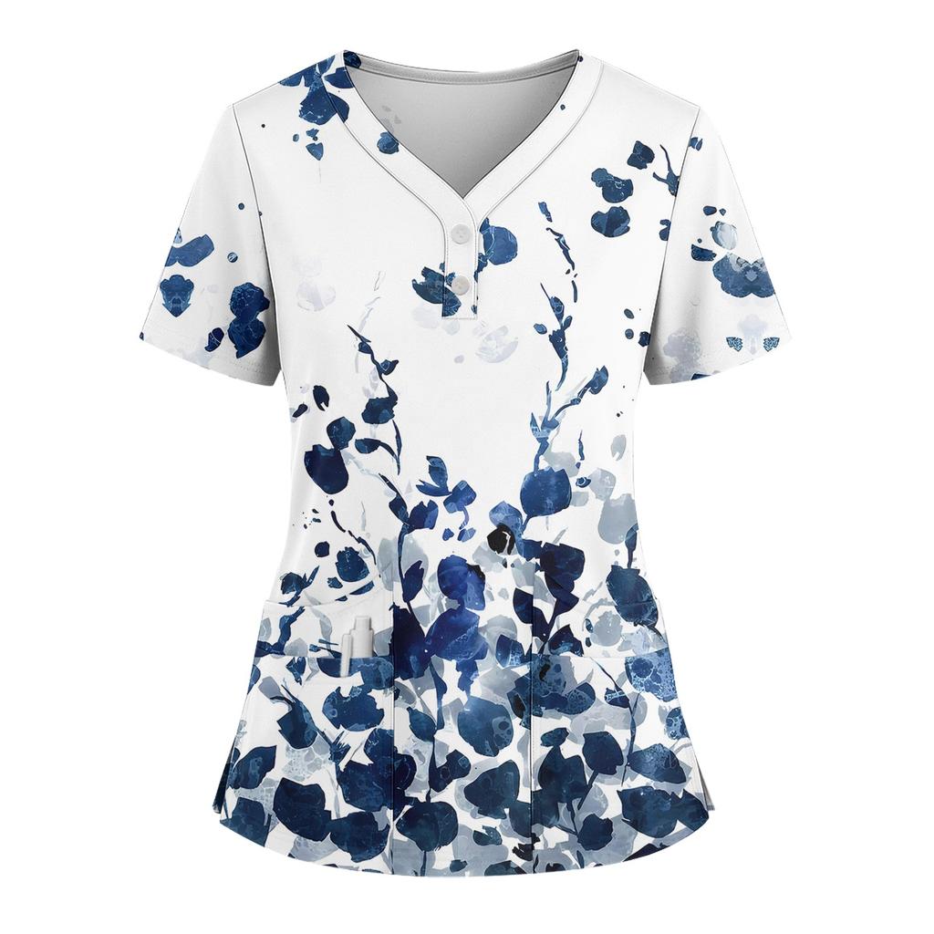 Женская свободная футболка с коротким рукавом, модным принтом цветов и растений, V-образным вырезом, застегивающаяся на пуговицы, с боковым разрезом