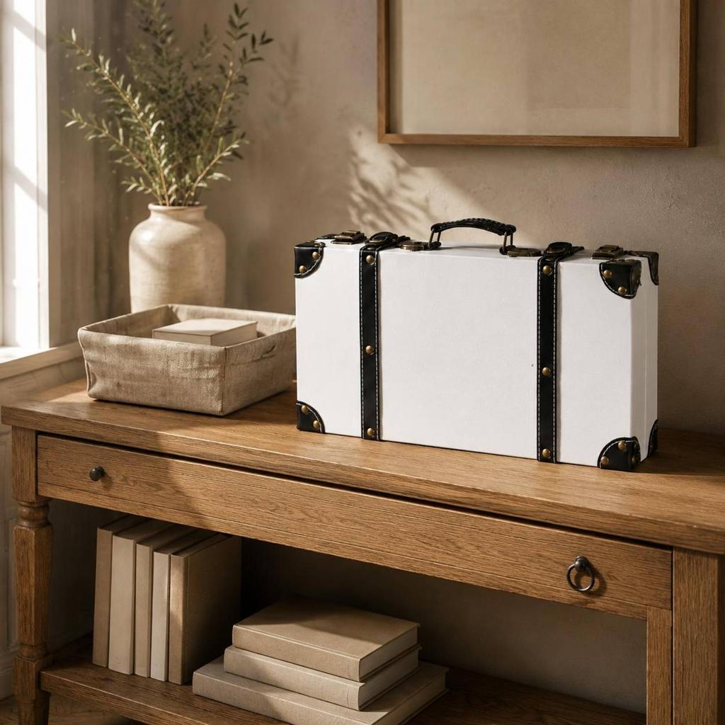 Suitcase-Shaped Storage Box Textured Finish Vintage Suitcase Box Reinforced Corners Rivet Accent