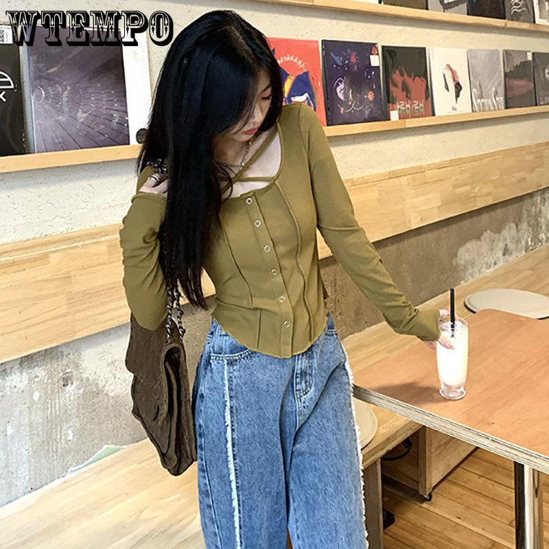 WTEMPO Y2K рубашки с длинным рукавом женские Harajuku корейские тонкие рыжие серые топы женские однотонные повседневные футболки с длинными рукавами уличная одежда