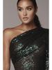 2025 European/American One-Shoulder Sequin Evening Dress with Oblique Collar
