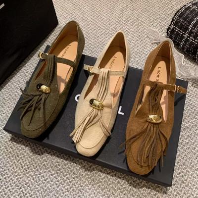 Модные Роскошные Металлические Украшения Кисточки Дизайн Балетки Женские Удобные Искусственная Замша Мягкая Подошва Лоферы Ретро Т-образный Ремешок Пряжка Туфли Мэри Джейн