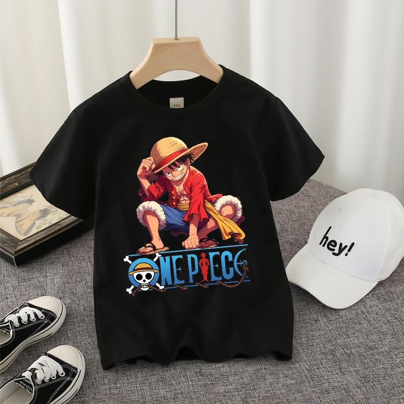 Ones Piece Black T-shirt Cute Game Role Infant Tees O-neck Tops Kids Boy ShortSleeve Anime Streetwear Shirt Child Cotton Clothes