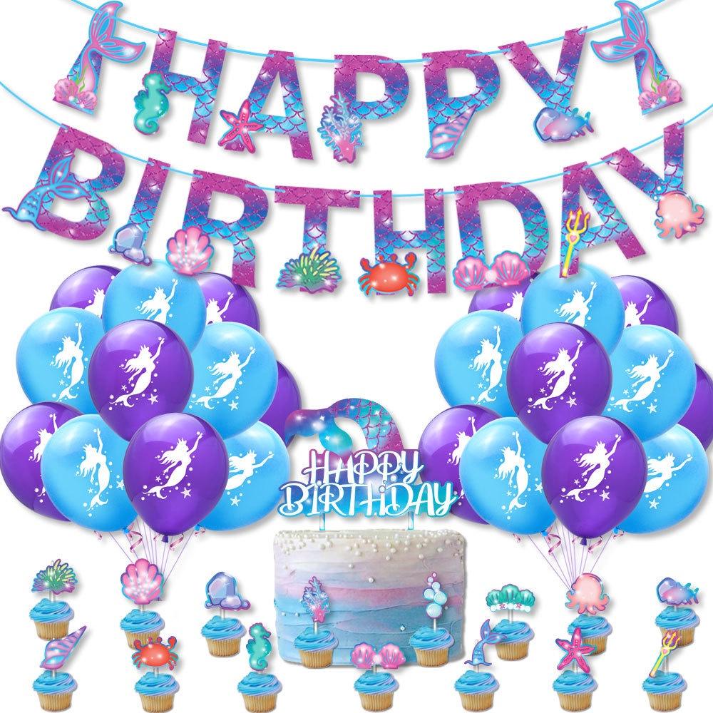 Ocean Theme Party Supplies Mermaid Birthday Celebration Banner And Cake Decorations