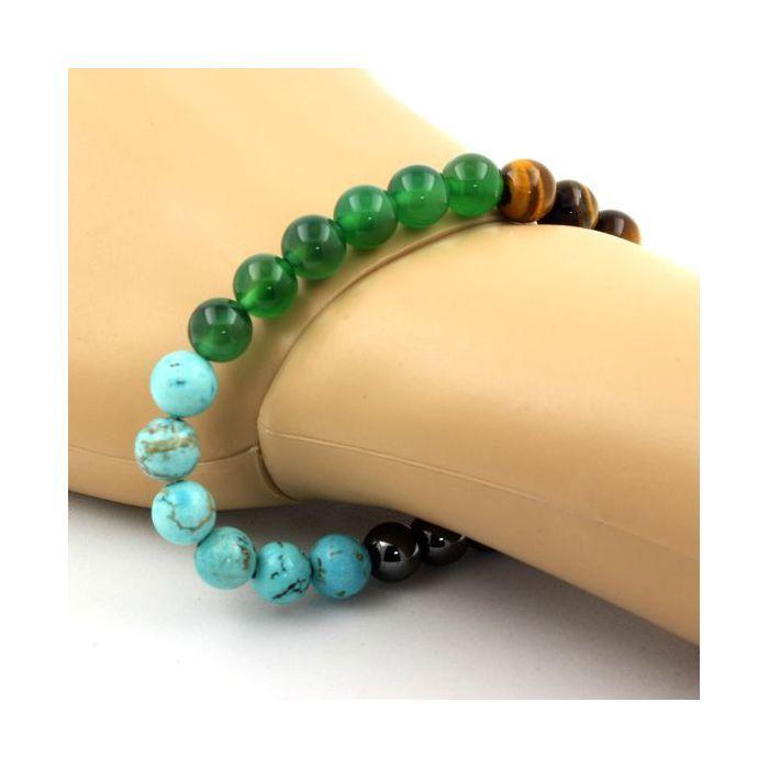 Pierres et Minéraux. Bracelet Perles Oeil de Tigre + Hématite + Agate verte + Turquoise 8 Fabriqué en France.