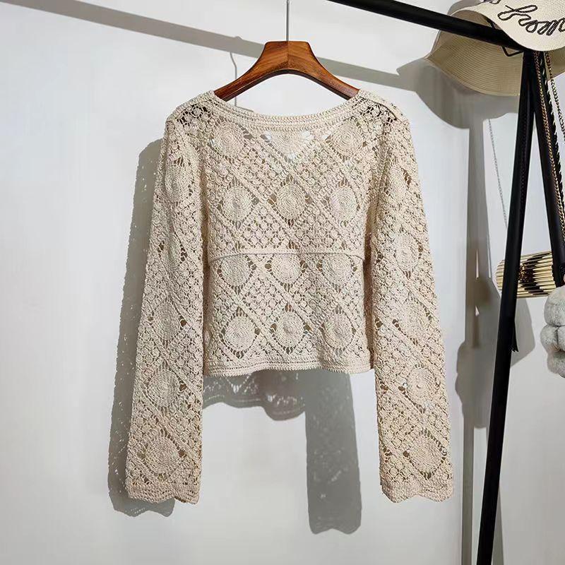 Летний вязаный крючком кардиган с женским дизайном Sense, с длинными рукавами, устойчивая к воздействию солнца кружевная рубашка с кондиционером для верхней одежды