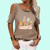 Women Off Shoulder Tee Shirt Fashion Round Neck Floral Print Top Ladies Casual Short Sleeve T-shirt