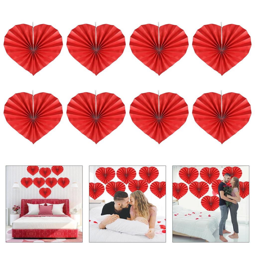 8pcs Love Heart Shaped Paper Fans for Wedding and Anniversary Decorative Folding Fan Valentine's Day Party Supplies