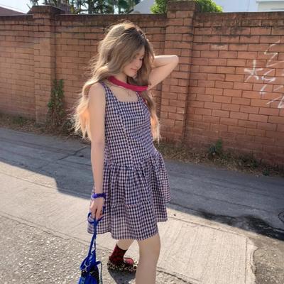 Женское винтажное клетчатое платье-жилет, летнее винтажное короткое платье без рукавов с высокой талией