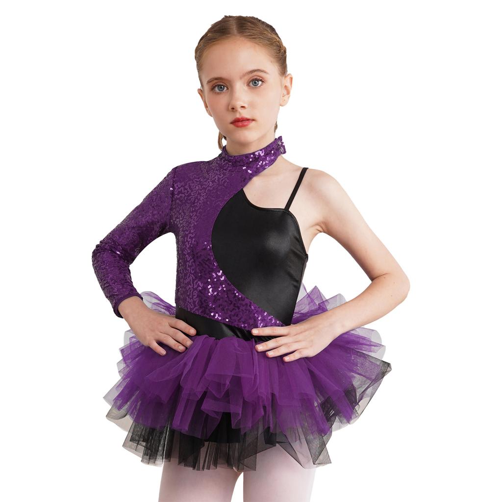 Kids Girls Shiny Sequin Jazz Latin Dance Dress Asymmetrical Sleeves Tulle Party Dress Ballet Dance Leotard Dress