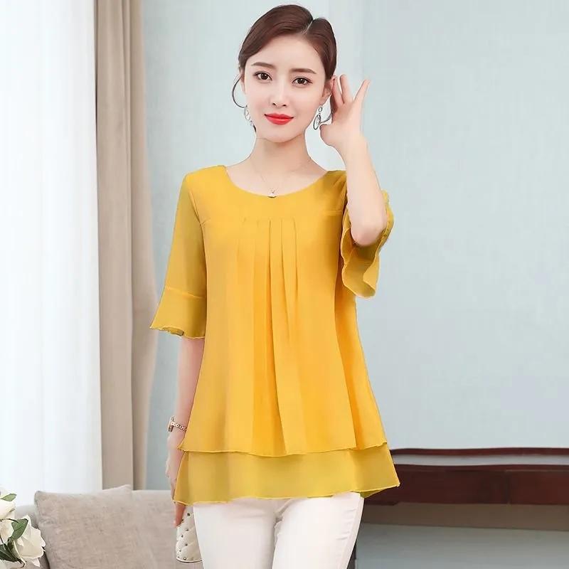 Chiffon Shirt Women Summer Large T-shirt Short Sleeve Solid Loose Top Casual Oversized T-shirt Korean Fashion Clothes for Women Shirts and Blouses
