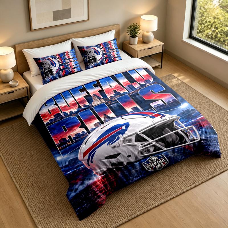 3-Piece Bed Sheet Set with Buffalo Bills Design, 1 Flat Sheet and 2 Pillowcases for Bedroom