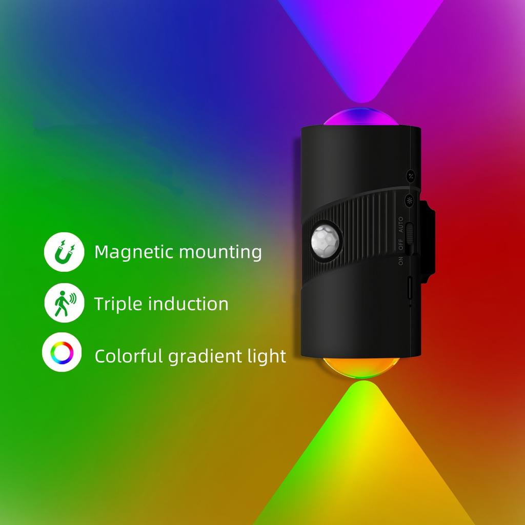 Светодиодный ночник с датчиком движения RGB, перезаряжаемый от USB, магнитное крепление, настенный светильник, подсветка для лестницы, внутреннее освещение