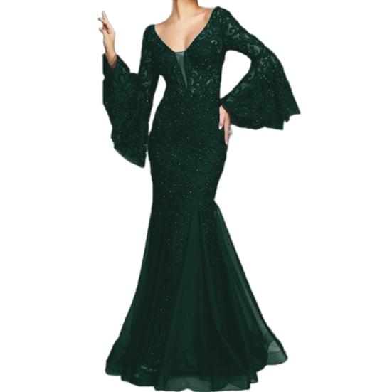 Женское вечернее платье с V-образным вырезом, прозрачной кружевной вышивкой, расклешенными рукавами, бальное платье А-силуэта, подол «рыбий хвост», облегающее коктейльное вечернее платье, выпускной, банкетное платье макси