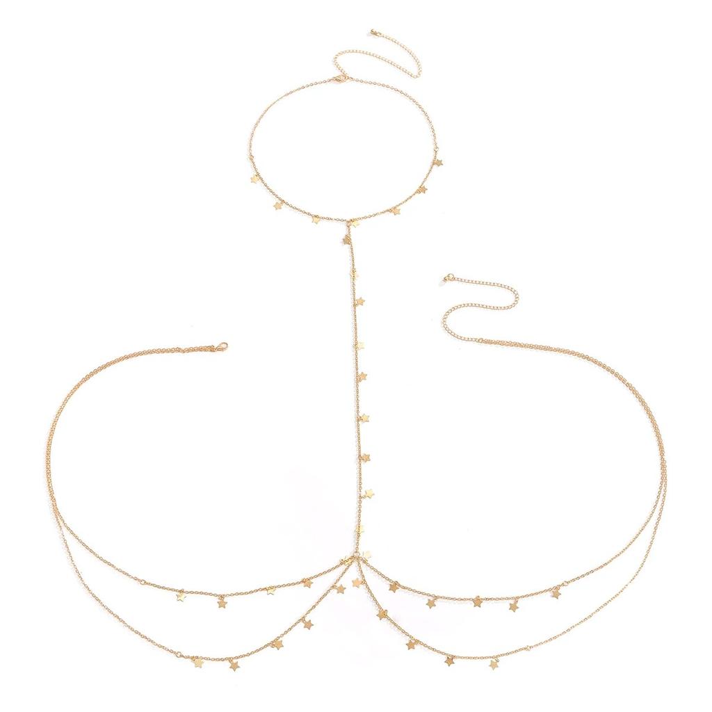 Sexy Bikinis Cross Chest Waist Body Chain for Women Bohemian Multilayer Star Tassel Body Jewelry Summer Beach Party Accessories