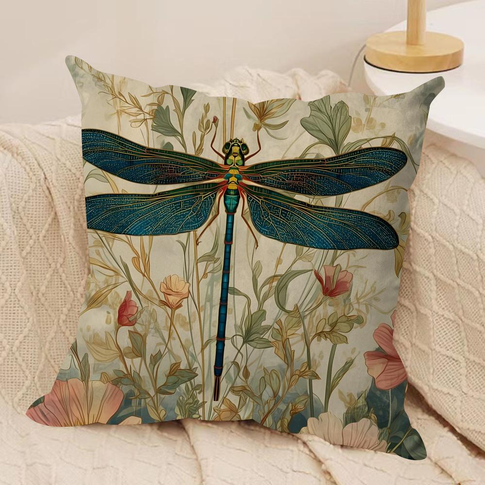 Retro Dragonfly Lotus Cushion Cover Short plush Doublesided Print Square Throw Pillow Covers Sofa Home Cushion Decor
