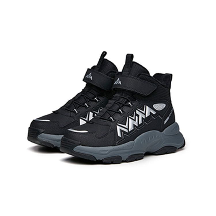 Anta Kids Velcro Fleece Non-Slip Wear-Resistant Warm High-Top Running Shoes Kids Sneakers Black Silver A312146813-1