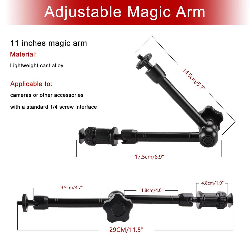 TECDW Adjustable Magic Super Ball Articulating Magic Arm with and Screw Magic Arm Clamp for LED Flash Camera 11" Arm, Clamp, 360° Head, 1/4" 3/8"