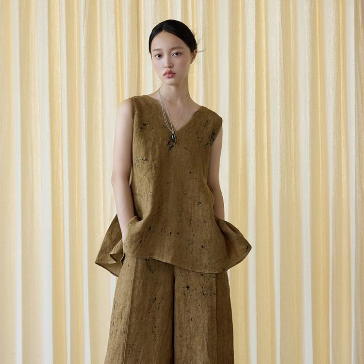 Осенний безрукавный топ из льна с пятнистой текстурой, вдохновленный оригами