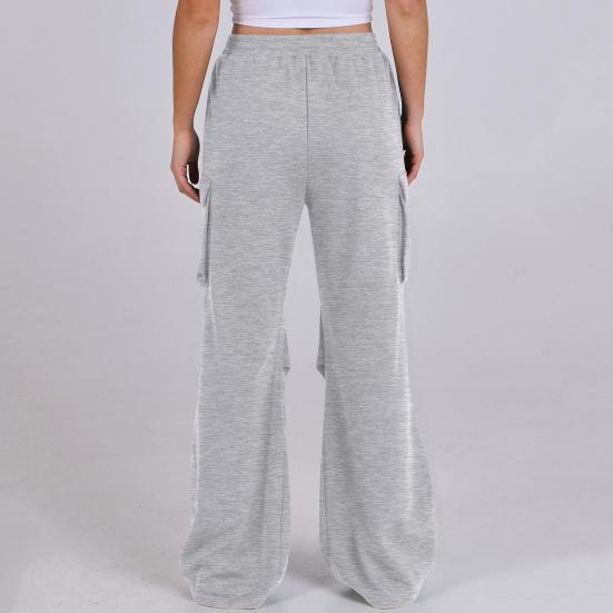 Women Cargo Pants Elastic Waist Mid-rise Straight Wide Leg Sweatpants with Multi Pockets Solid Color Casual Jogging Pants Loose Lounge Pants