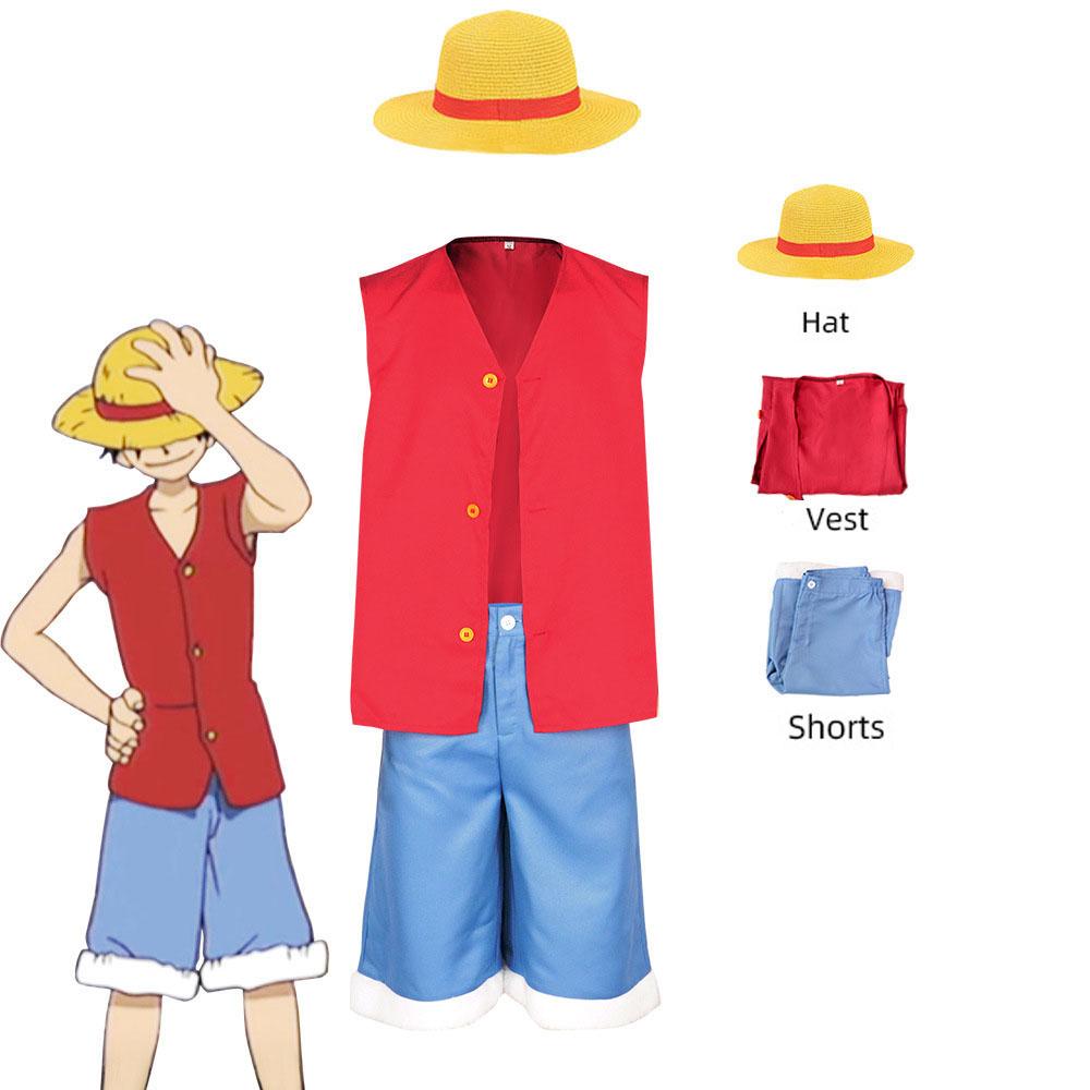 Monkey D Luffy Cosplay Outfit Anime Character Costume Red Vest Blue Shorts Straw Hat Wig Full Suit Halloween Carnival Party Wear