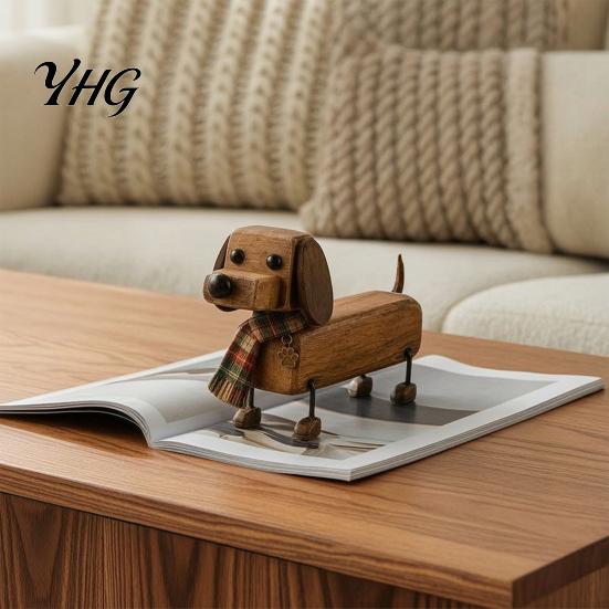 Mini Puppy Decoration Plaid Scarf Dachshund Figurine, Retro Dog Statue with Paw Desktop Print Charm, Handcrafted Small Sculpture